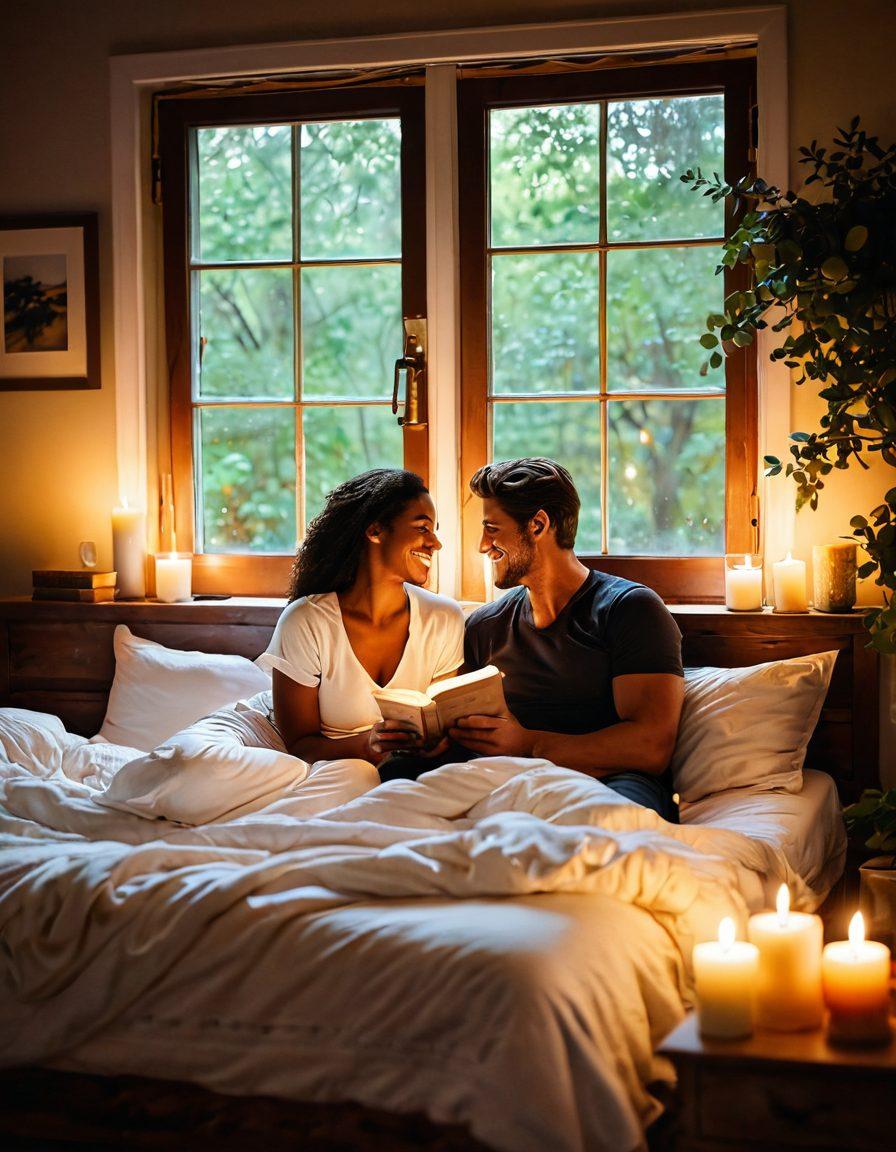 A cozy, warmly lit bedroom scene featuring a couple joyfully intertwined, sharing laughter and playful intimacy. Surround them with soft pillows, candles, and a hint of nature through an open window. The atmosphere exudes warmth, love, and blissful connection. Include elements like a book and a glass of wine to symbolize relaxation and bonding. soft focus. vibrant colors. romantic ambiance.