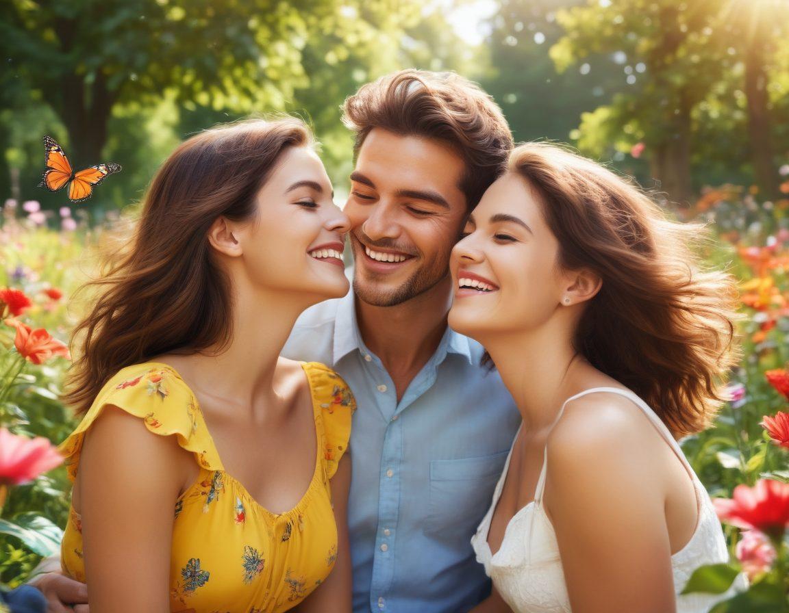 A playful couple laughing together in a sunlit park, surrounded by colorful flowers and butterflies, exuding an atmosphere of joy and flirtation. The scene should capture their flirtatious glances and joyful energy, showcasing a sense of connection and spontaneity. Bright and vibrant colors should be used to enhance the playful mood. super-realistic. vibrant colors. summer theme.